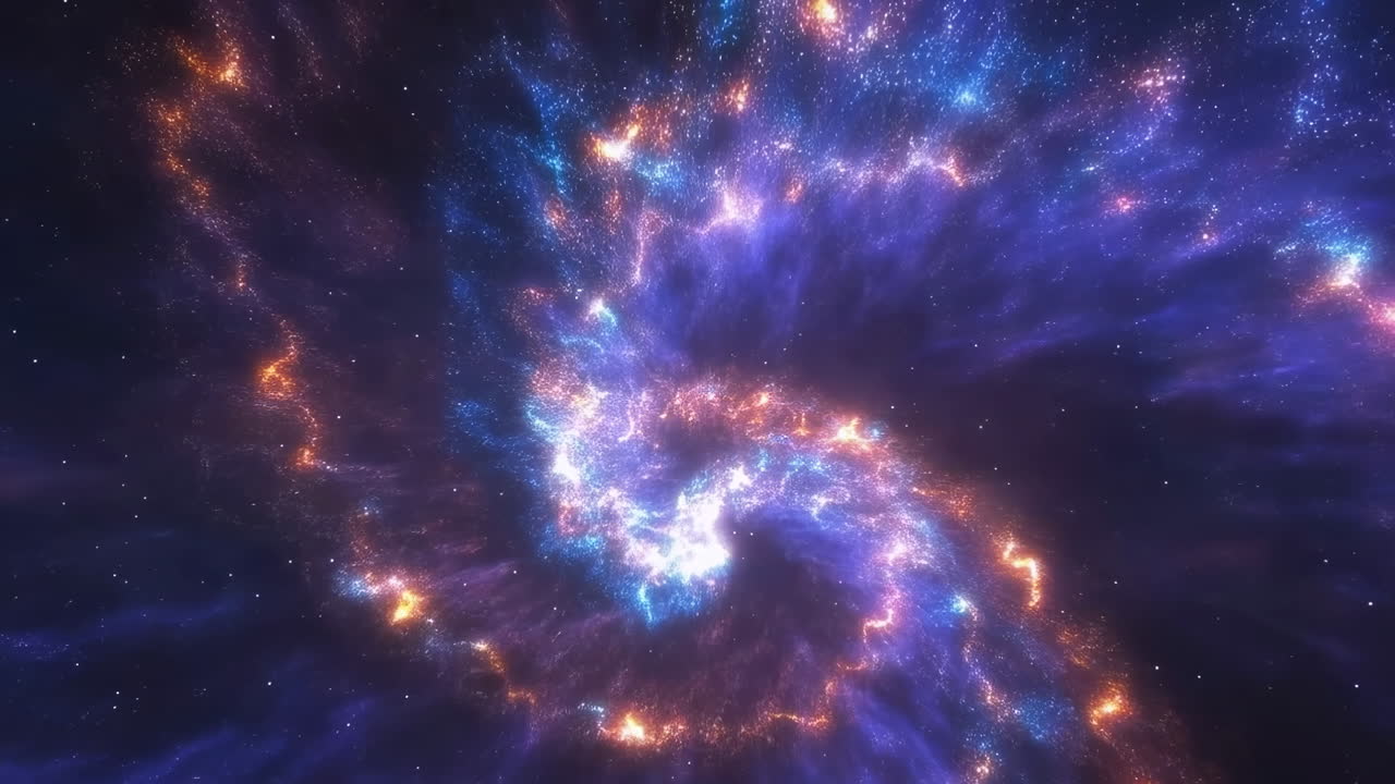 Dynamisk spiralgalakse, der sprudler med farverige stjerner og gas, strålende kerne og glødende filamenter udvider sig