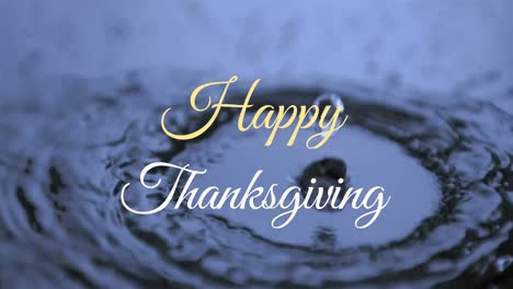 Animation-of-happy-thanksgiving-text-banner-over-close-up-view-of-drops-falling-in-the-water