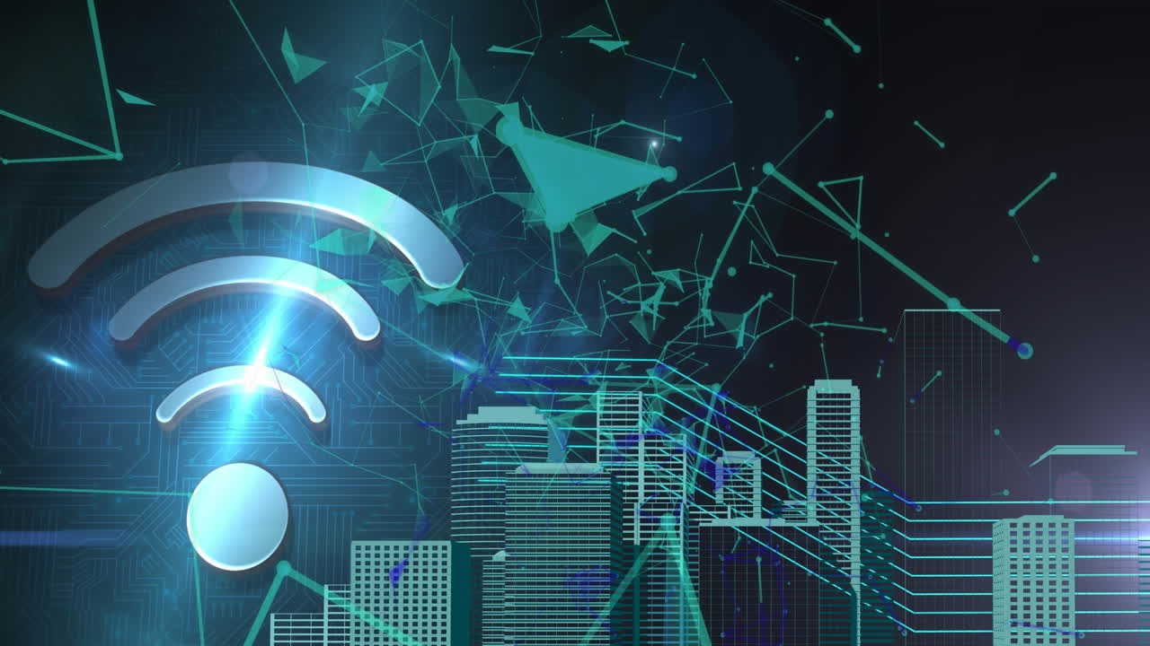 animación de iconos wifi y digitales flotando sobre el paisaje urbano