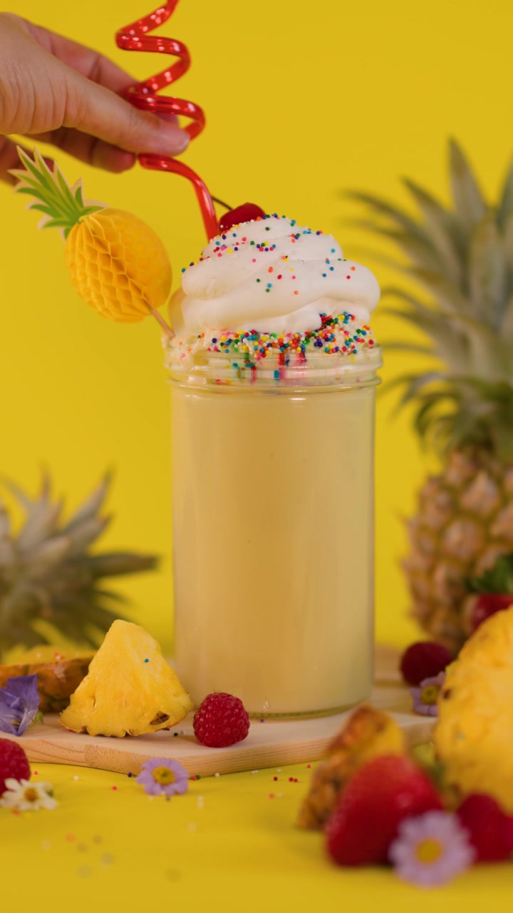 Una mano inserisce una cannuccia a spirale in un milkshake all'ananas guarnito con panna montata, codette, ciliegia e frutti tropicali
