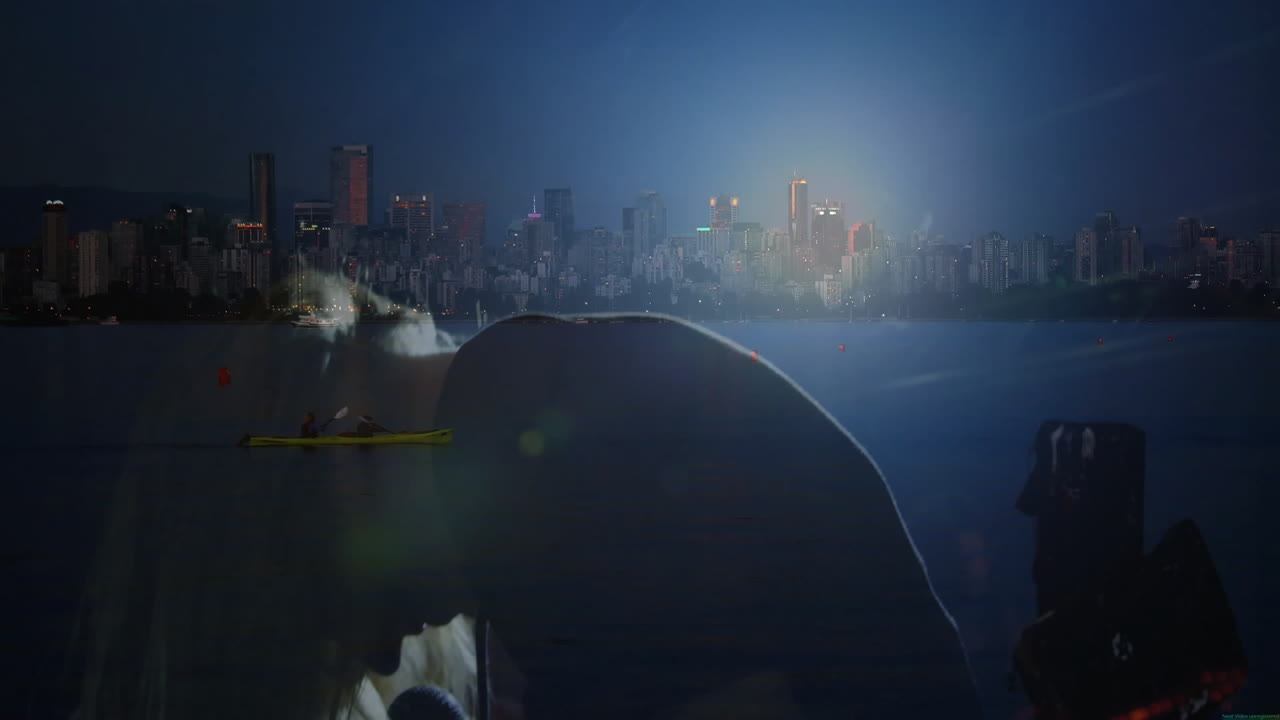 female singer performing in music studio, featuring waterfront skyline overlay with microphone