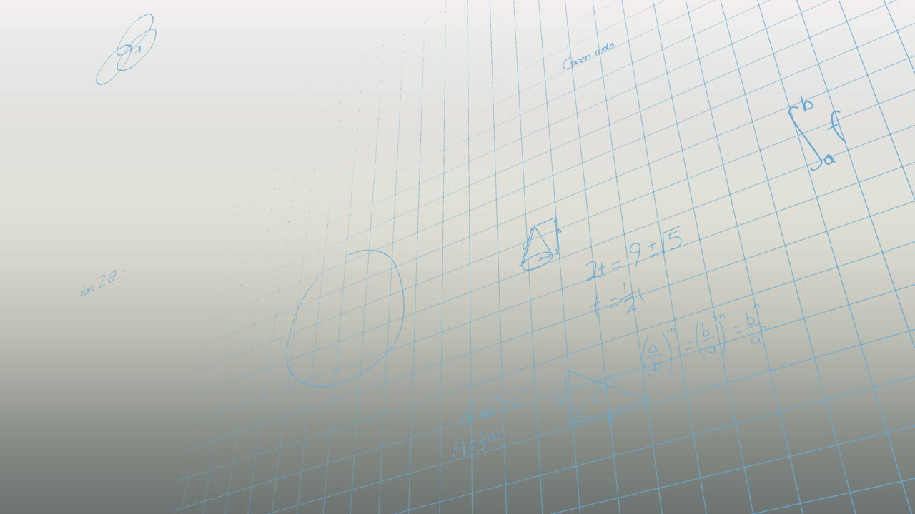 추상적인 배경에 대한 격자 패턴에 대한 파란색 수학적 방정식과 다이어그램의 애니메이션