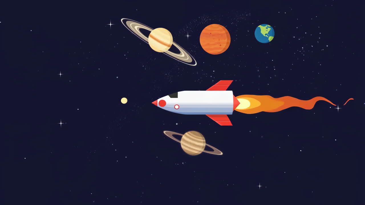 Rocket flying through space with planets and stars