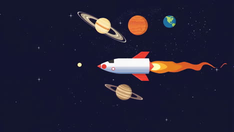 rocket flying through space with planets and stars