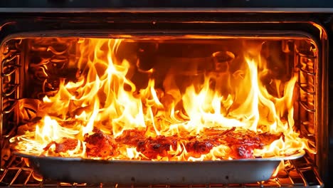 a pan of food is being cooked in an oven with flames