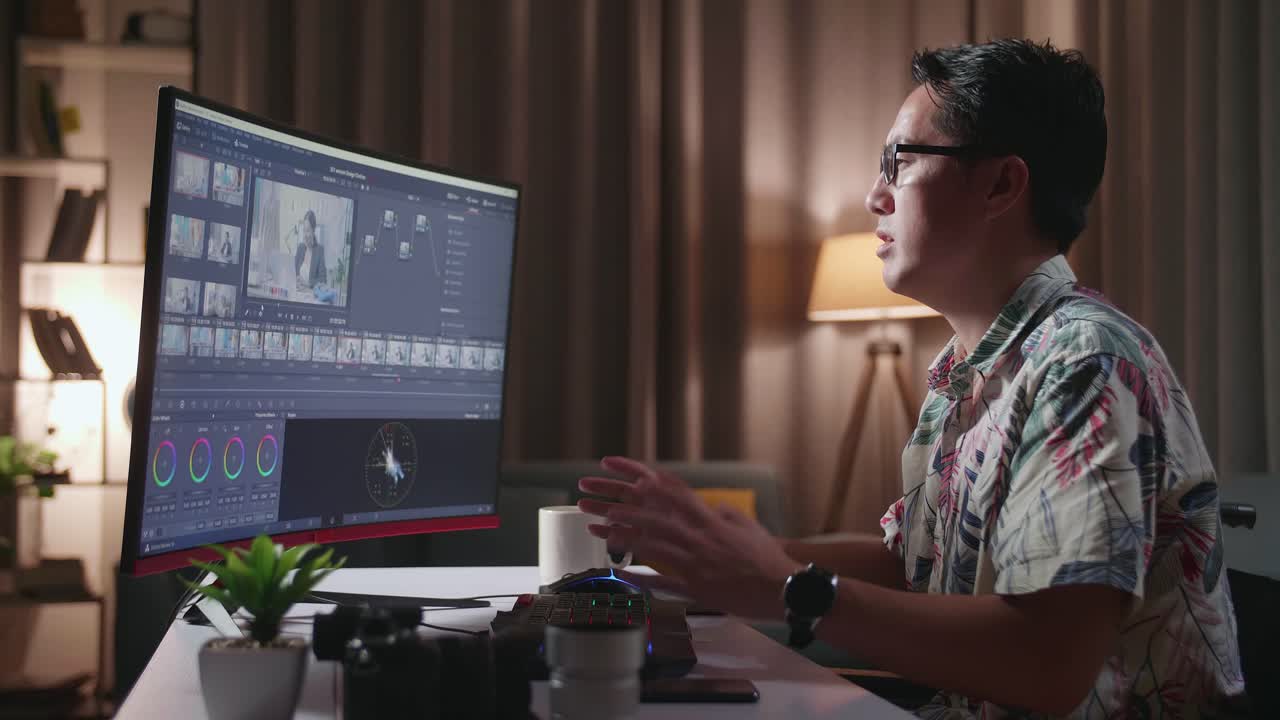 밤 늦게 일하는 비디오 편집자