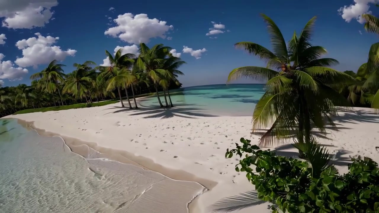 Vista aerea di una spiaggia di un'isola tropicale con palme
