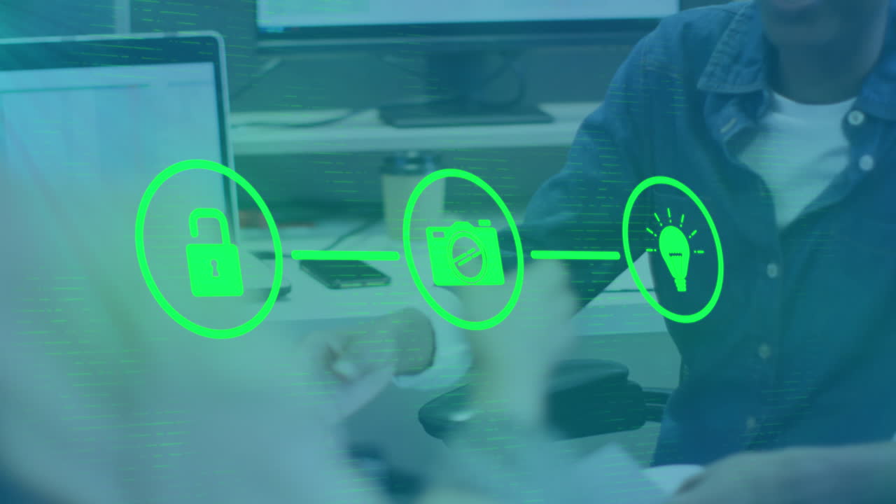 사무실에서 손을 흔드는 다양한 동료들에 대한 아이콘의 플로우 차트의 애니메이션