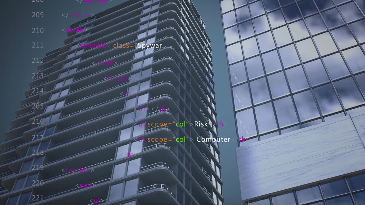 Animation of data processing over cityscape on blue background