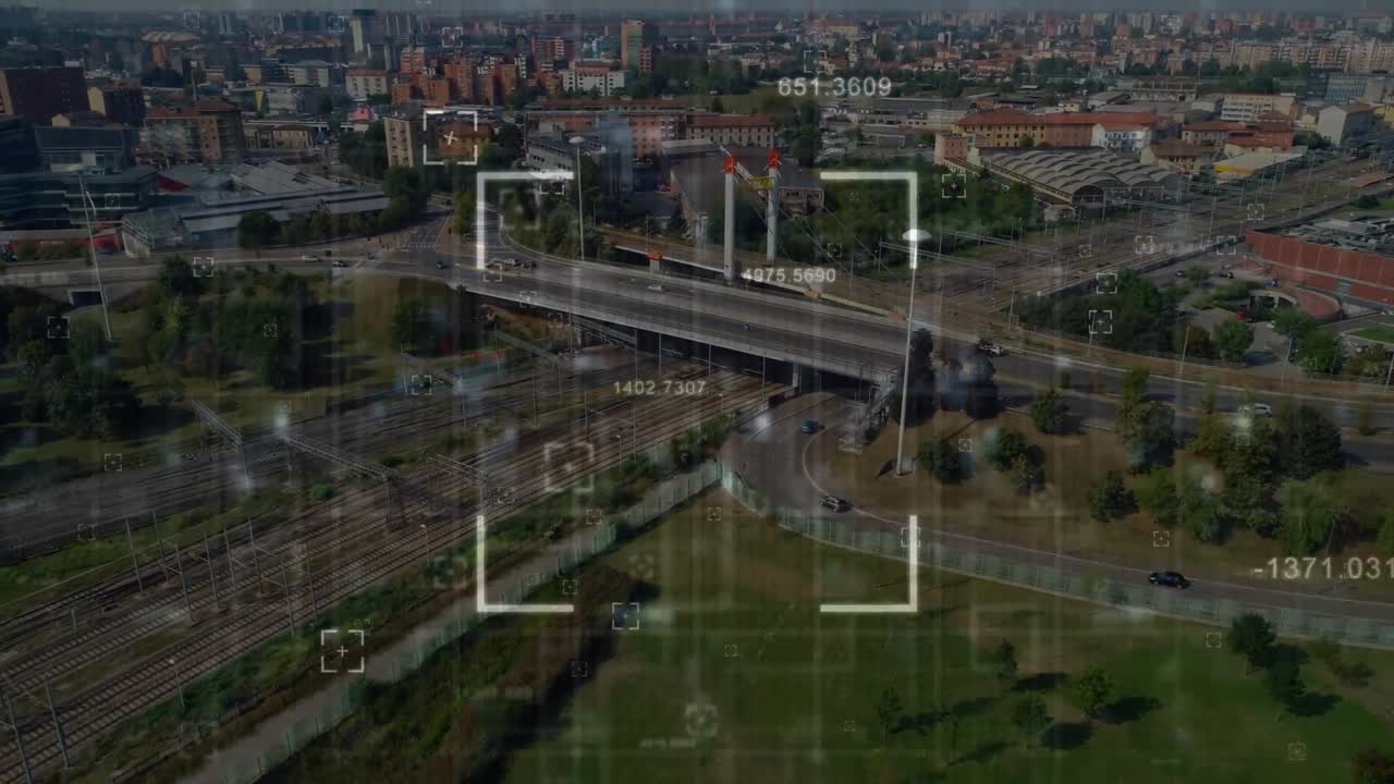 Animation of data processing and frames over cityscape