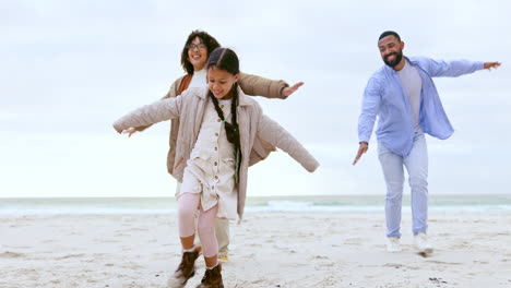 girl, plane game and family at beach for care