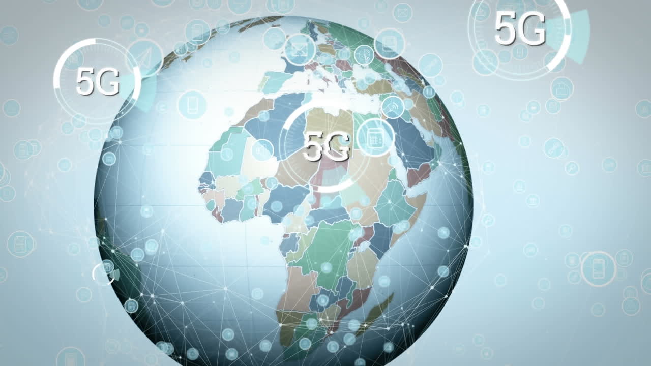 animación de textos 5g y globo sobre fondo blanco