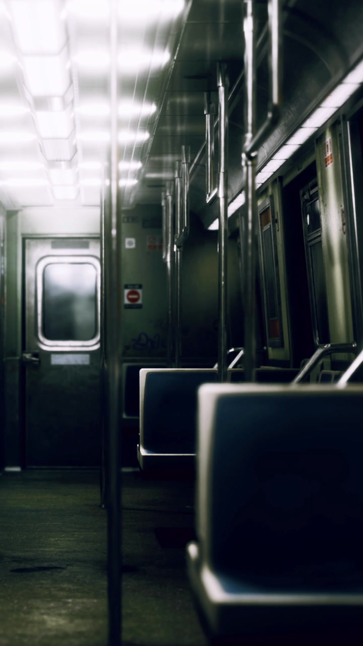 Empty subway car at night with dim lights and seats