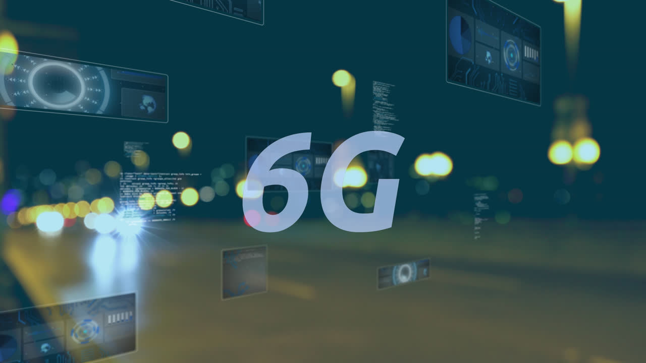 Animaatio 6g-tekstistä, tietojenkäsittelystä ja tietojen skannauksesta näytöillä sumean tieliikenteen yllä.