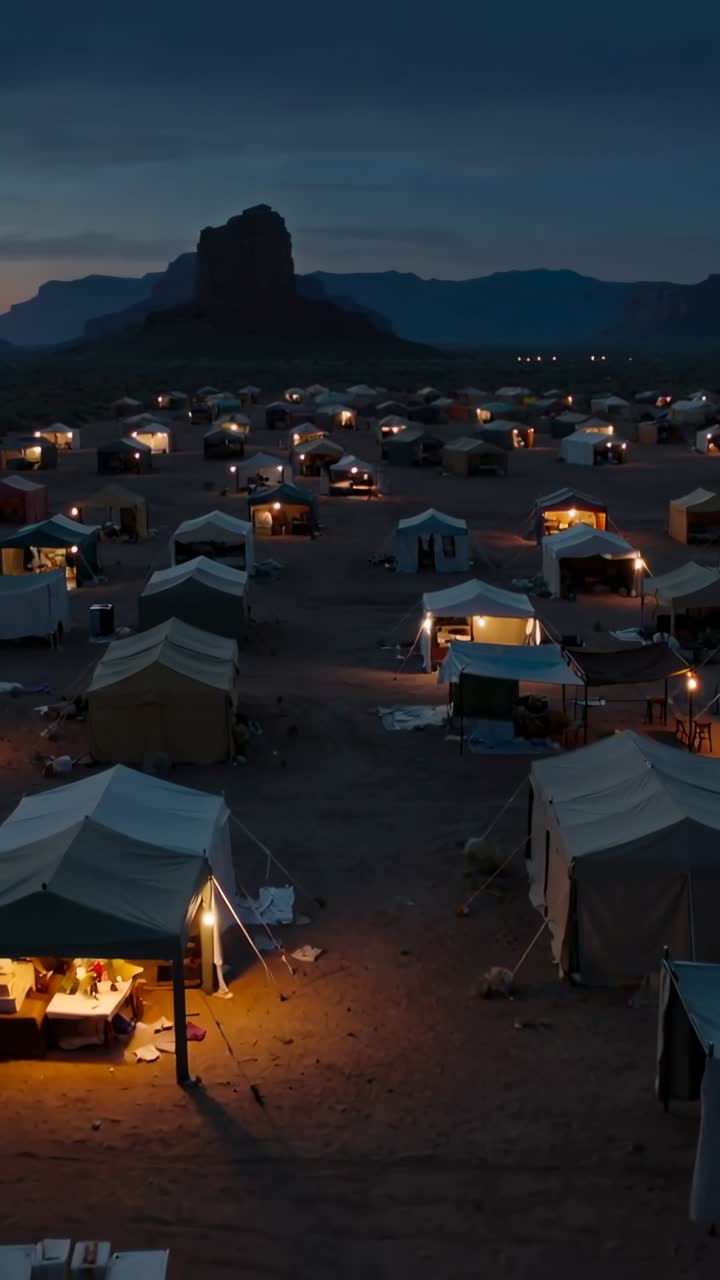 Mostrando un campo tendato organizzato in tela che si estende su una pianura sabbiosa al tramonto, con un tavolo illuminato.