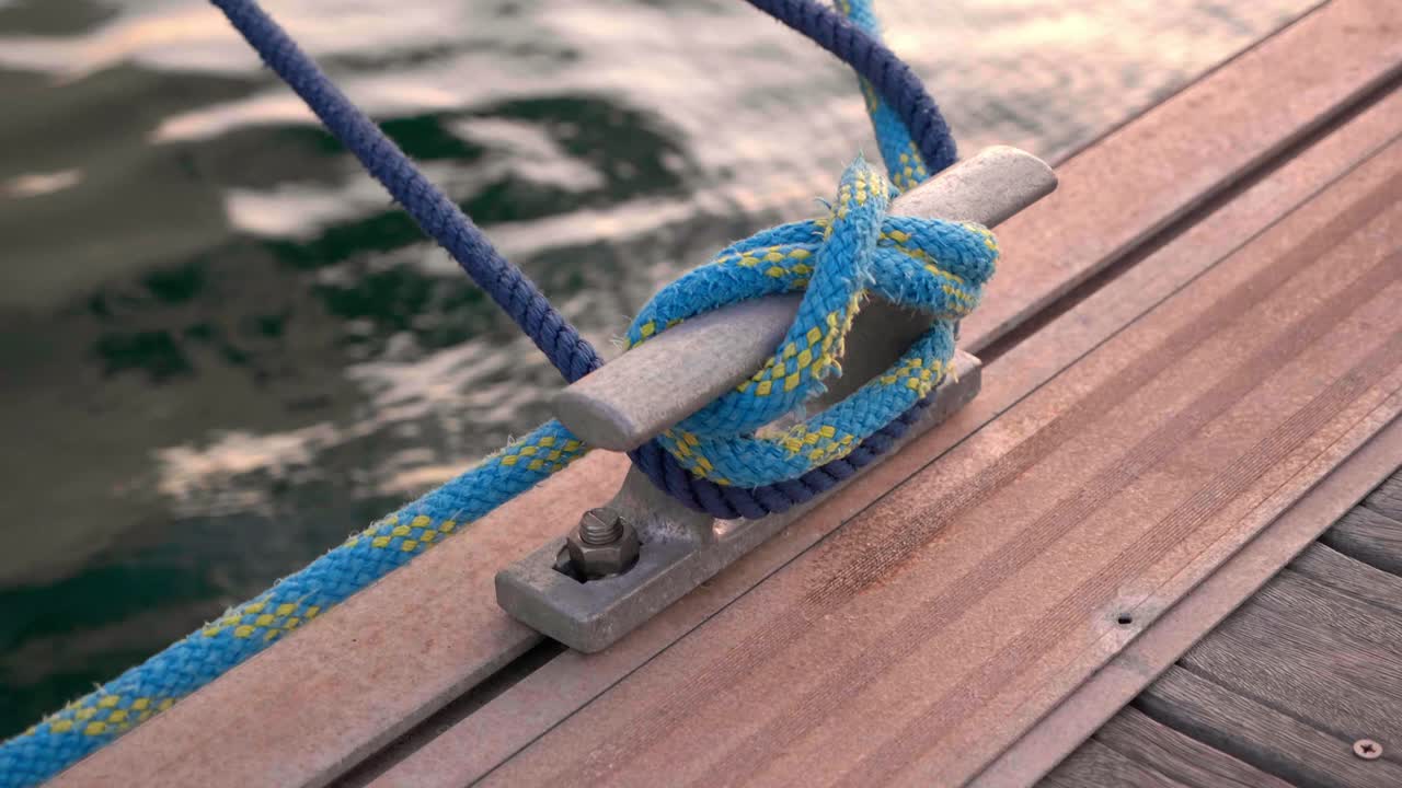 Blue rope secured to a metal cleat on a wooden boat deck in Santa Cruz de Tenerife harbor. Nautical equipment and detail shown during docking. Close-up shot
