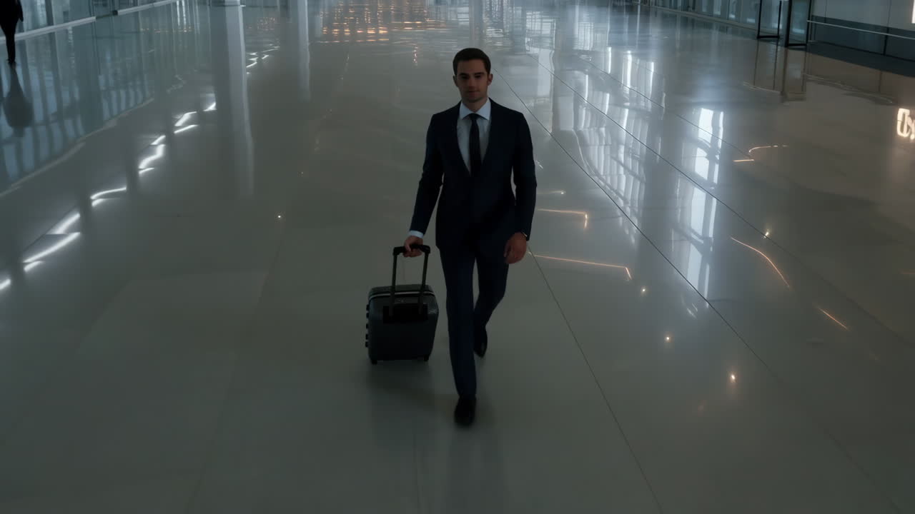 A man in a suit walks with luggage through a modern airport hall