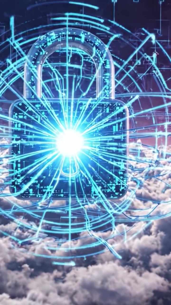 Digitální krajina kybernetické bezpečnosti: Futuristické zámky uprostřed cloudové matice symbolizující ochranu ve virtuálním světě.