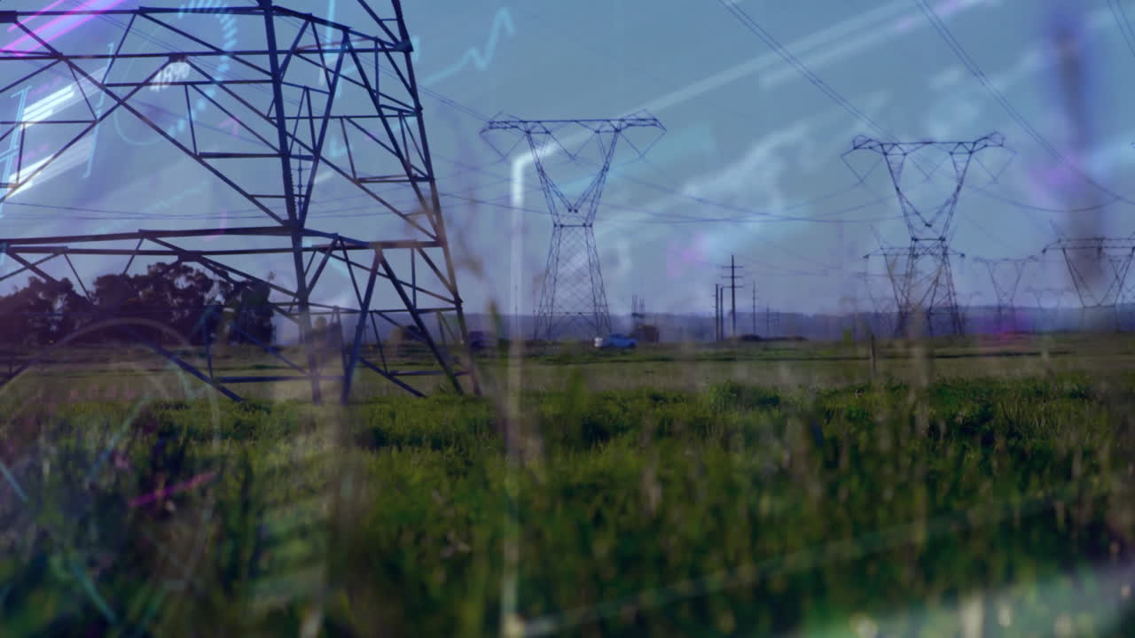 Electricity pylons standing in green field with data processing animation overlay