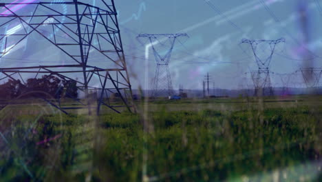 electricity pylons standing in green field with data processing animation overlay