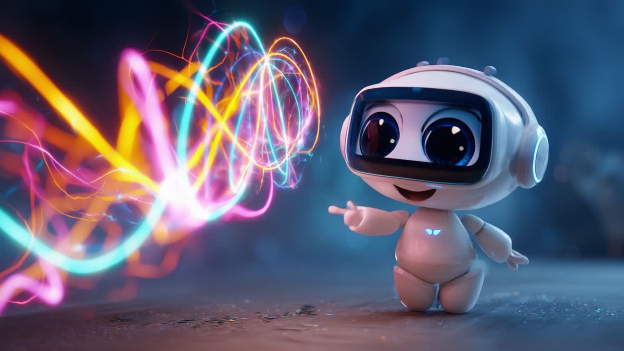 A Whimsical Robot Character with a Gleeful Expression Interacts with Colorful Light Trails in a Futuristic Background, Showcasing Innovation and Joy in a Playful Environment