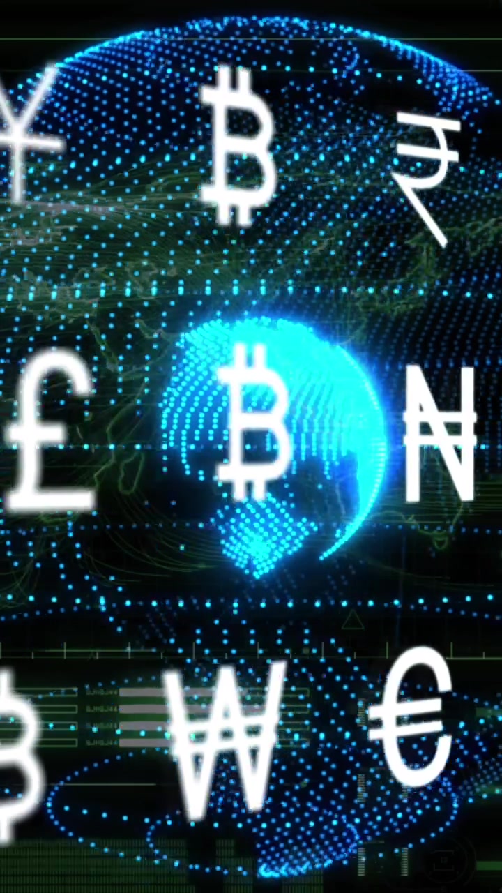 Animazione di simboli di valuta su globo contro interfaccia con mappa mondiale e elaborazione dati