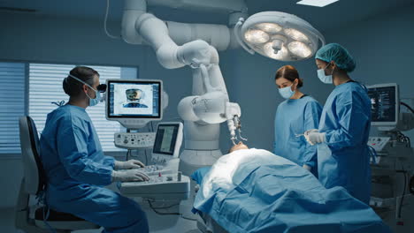 robotic surgery in an operating room with surgical screen view