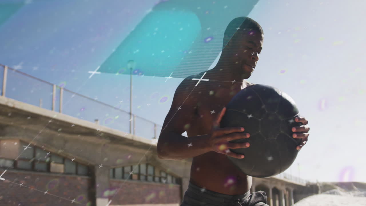 Animation of grid over an exercising african american man