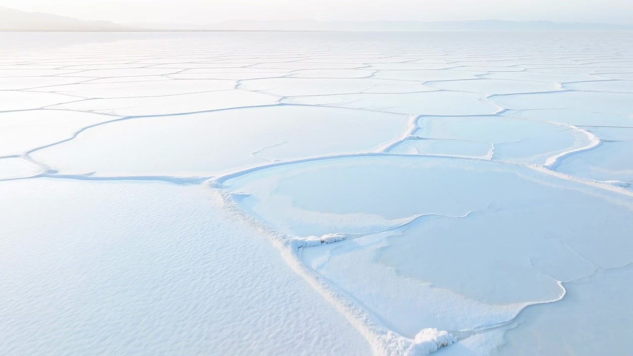 Weite Salzpfannen aus der Luft mit polygonalen Becken, flachem, sich sammelndem Wasser, kristallinen Graten, weichem, diffusem Licht, blassen Reflexionen, geometrischem Muster, abgelegener Landschaft und einer ruhigen, minimalistischen Textur.