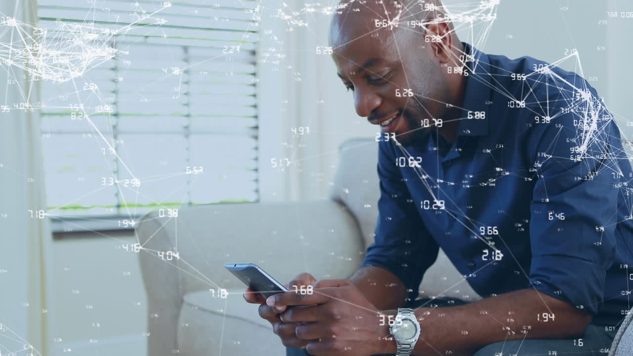 Animation of networks of connections over man using smartphone