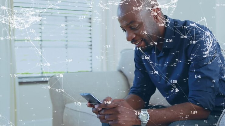 Animation of networks of connections over man using smartphone