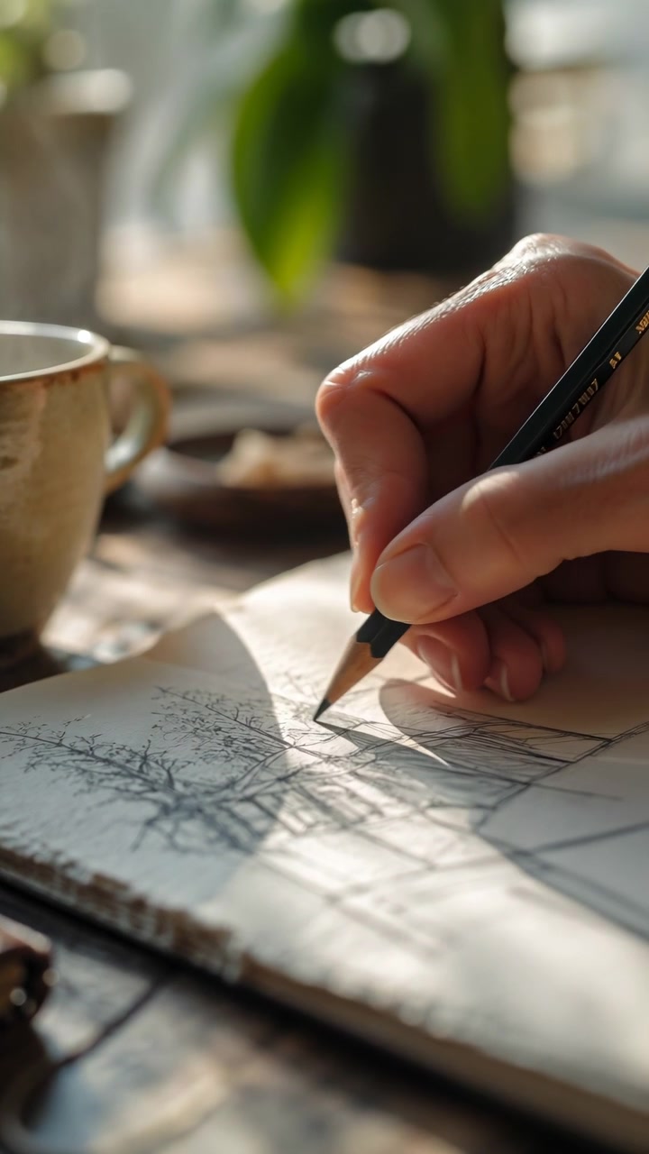Close view follows fingers steadily sketching across textured paper, with finished linework nearby, soft plant shapes behind, and bright natural light creating gentle shadows.