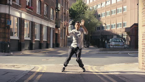 happy man dancing loop hip hop dancer in street performer doing freestyle dance 4k