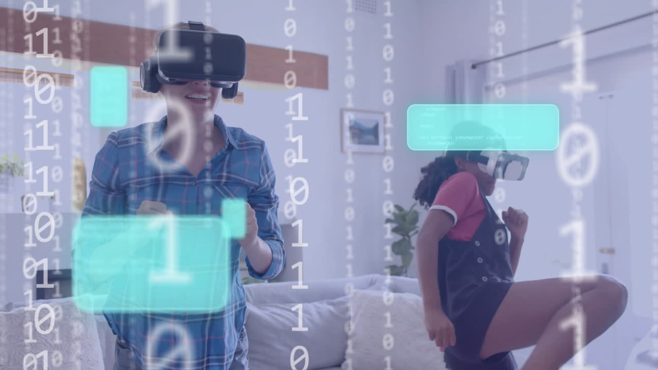 animación de procesamiento de datos de codificación binaria sobre diversas mujeres utilizando auriculares vr