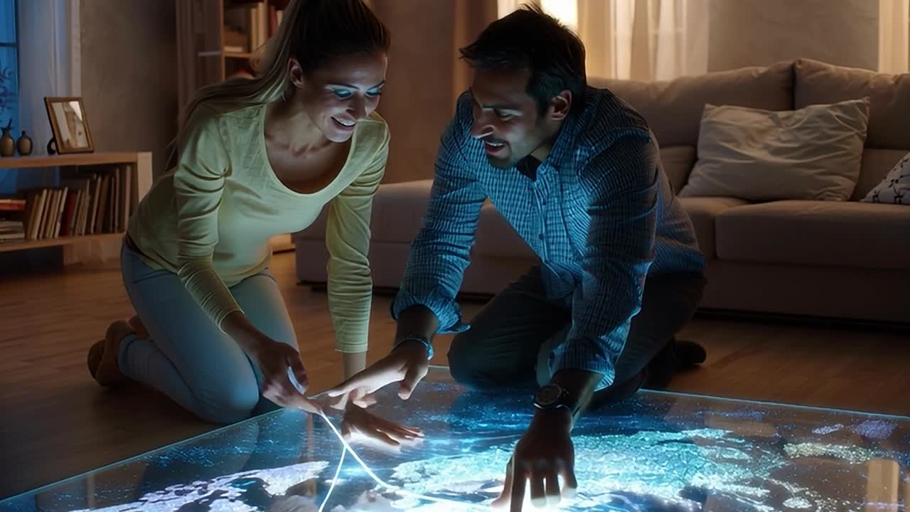 Couple using digital map on interactive floor display at home