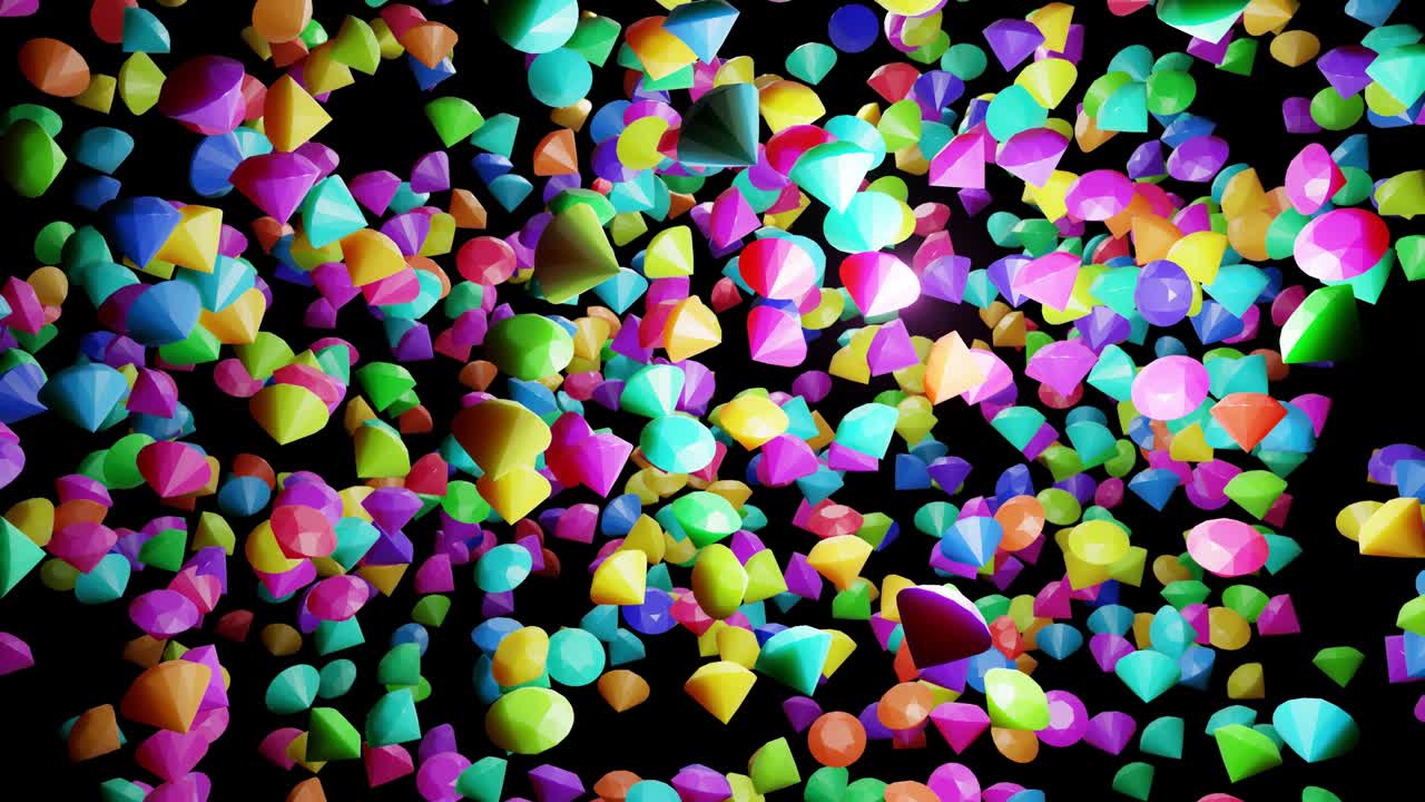 Sfondo festivo astratto con una nuvola di diamanti che lampeggiano casualmente come lampadine. Diamanti multicolori che ruotano nell'aria. Bellissimo sfondo in loop in 4K. Animazione ondeggiante fluida, rendering 3D.