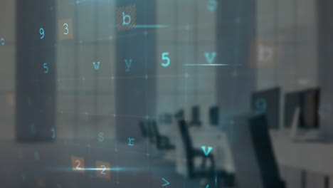 animation of cyberattack warning with data processing over empty office