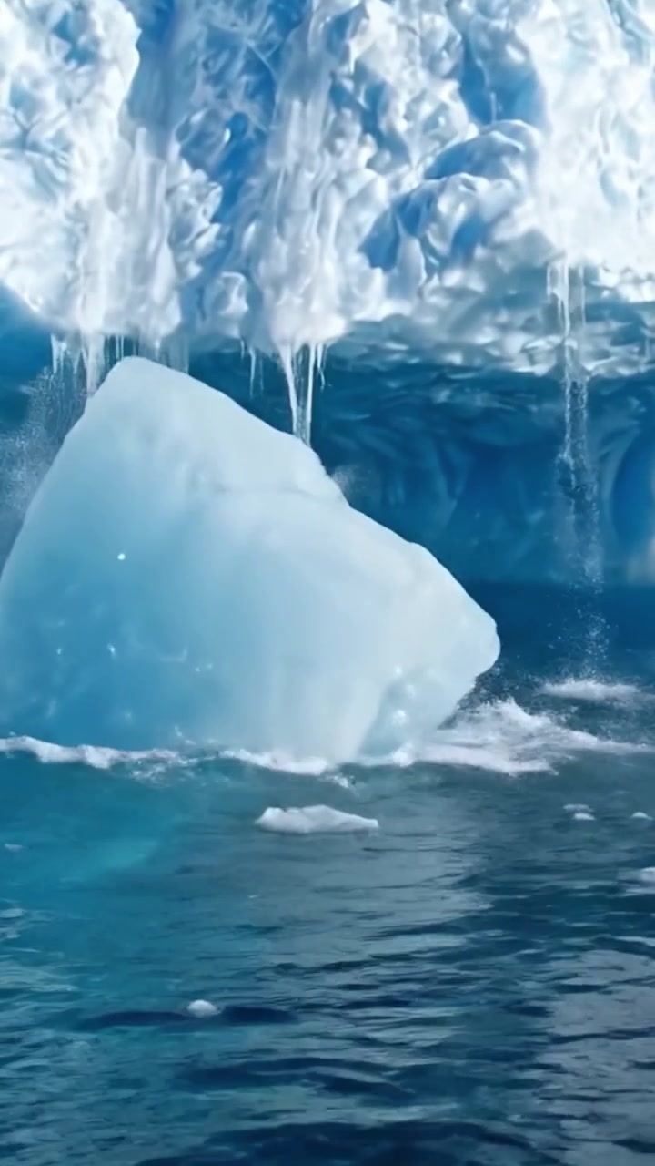 Ein ruhiger Einblick in die Eisberg-Dynamik: Schmelzendes Eis fällt in kristallklares Wasser, während Sonnenlicht die atemberaubende Gletscherlandschaft in der Arktis beleuchtet.