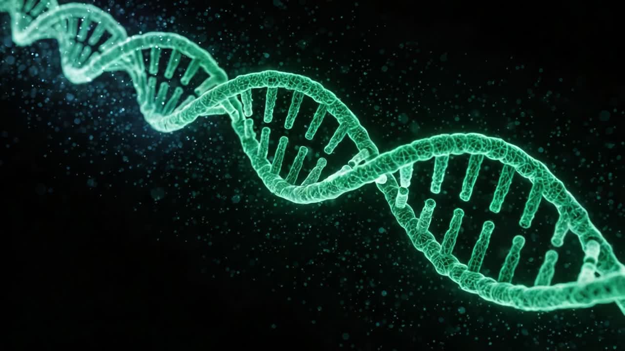A Close-Up Visualization of a Magnificent DNA Strand, Illuminated by Ethereal Green Light Against a Mystic Dark Background, Highlighting Genetic Complexity and Biochemical Beauty