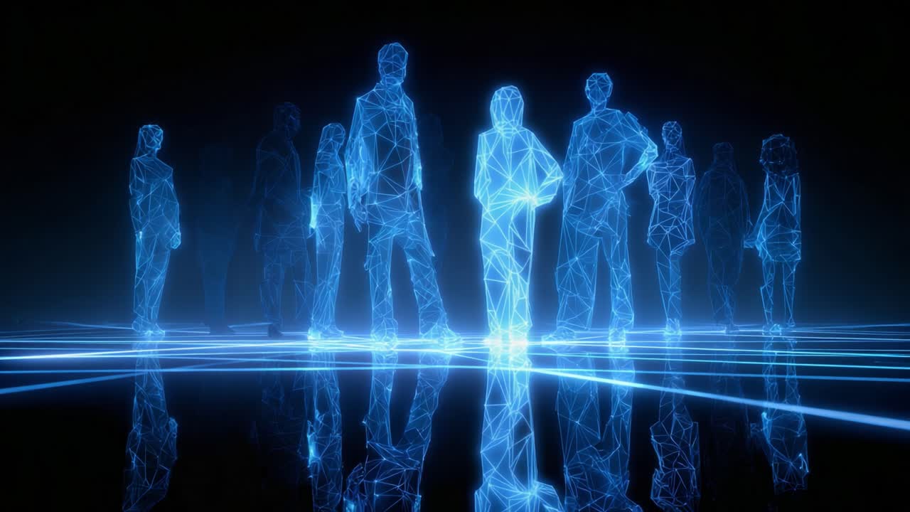 Conceptual video of a virtual business team represented by blue wireframe avatars standing on a reflective surface with glowing network lines, symbolizing teamwork in the metaverse