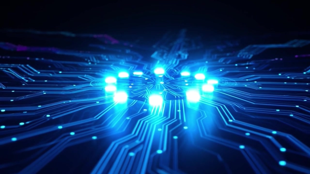 Glowing Digital Circuit Board with Pulsing Data Flow