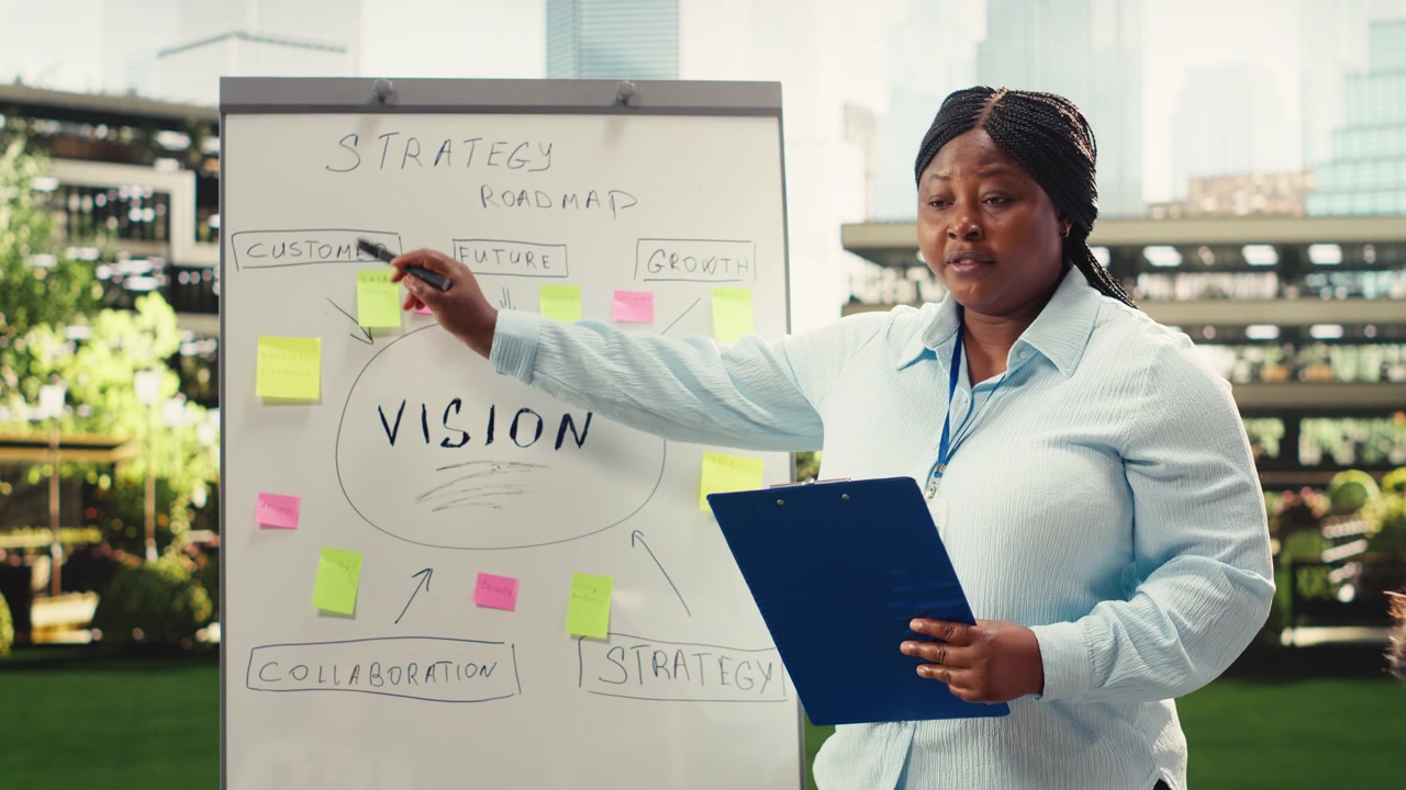 Black businesswoman with clipboard pointing to vision board with sticky notes