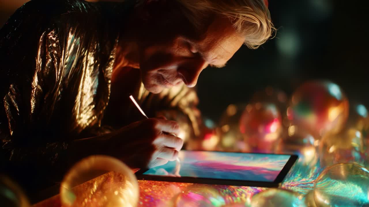 A creative artist engrossed in digital drawing on a tablet surrounded by colorful spheres, showcasing the fusion of technology and traditional artistry in a dynamic environment