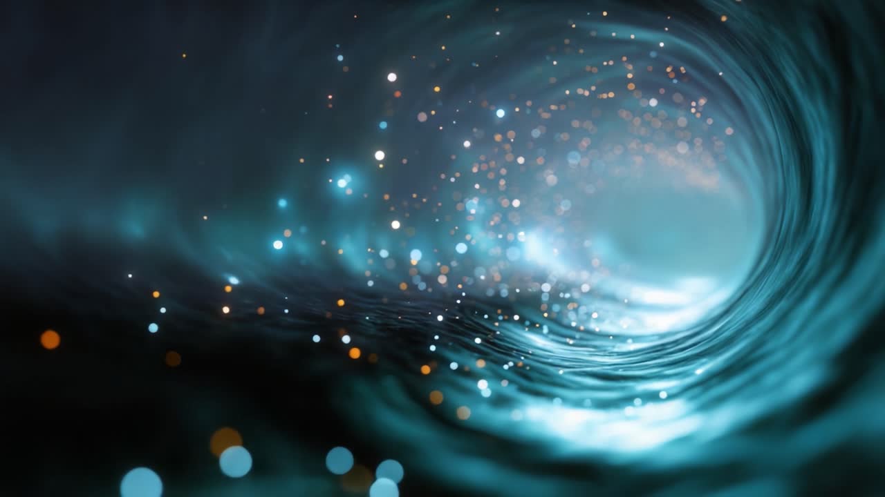 きらめく粒子で溢れる渦巻く宇宙の渦の魅惑的なデジタル表現で、動きと非現実的な美しさの本質を捉えています。
