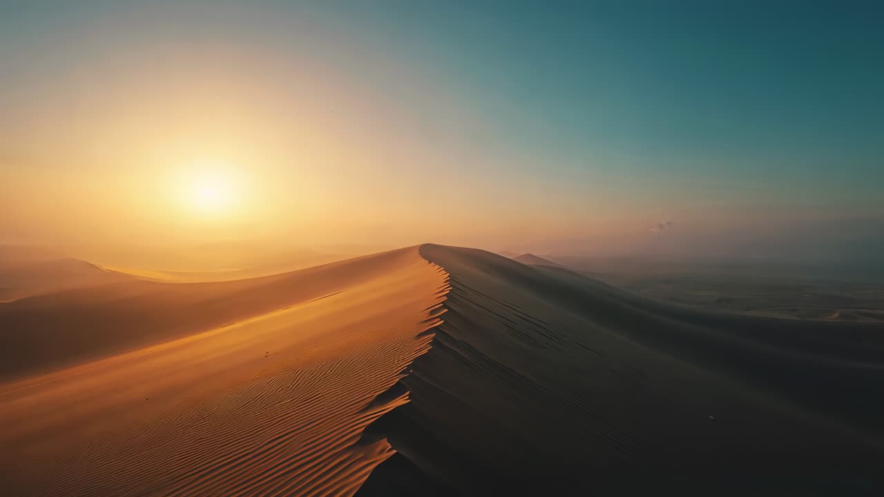Following dune ridge, drone camera moving as wind lifting sand, revealing ripples and low sun