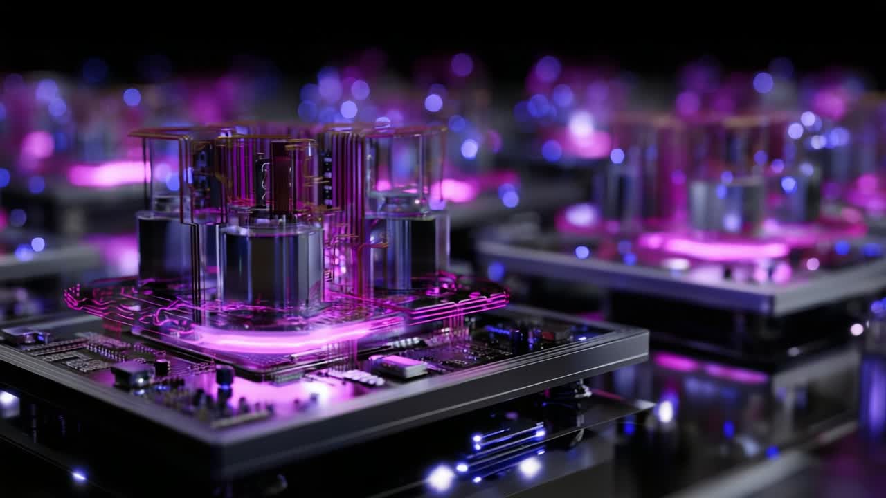 A Stunning View of Futuristic Circuitry: Vibrant, Multicolored Tech Components with Luminous Highlights Evoking a Sense of Advanced Technology, Innovation, and Design in a Digital Landscape of Microprocessors