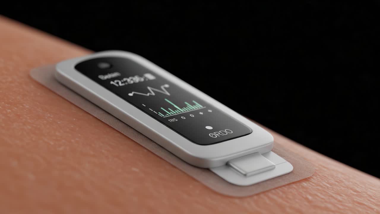 Innovative Health Monitoring Device for Continuous Tracking of Vital Signs, Featuring a Smooth Design and Advanced Display Technology on Skin Interface
