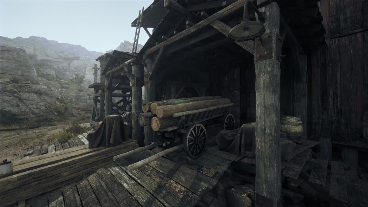 산에 있는 오래된 나무 오두막