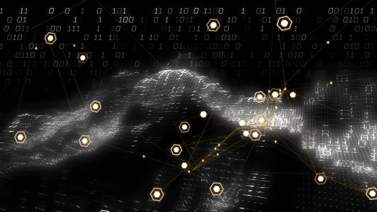 Camera panning showing binary pulses, nodes forming into hub on rippling pointcloud for tech flow