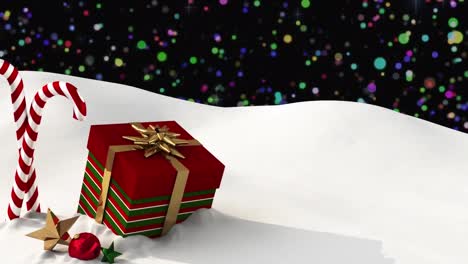 Animation-Von-Farbigen-Lichtern-Am-Nachthimmel-über-Weihnachtsgeschenken-Und-Zuckerstangen-In-Der-Winterlandschaft
